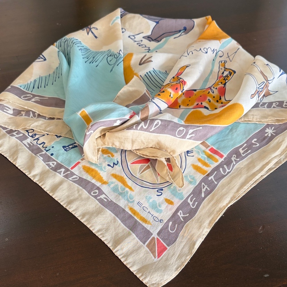 Vintage “Land Of Creatures” Echo Silk Animal & Map Motif Silk Scarf